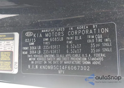 2015 Kia Sedona Lx from USA, damaged, VIN KNDMB5C14F6067302